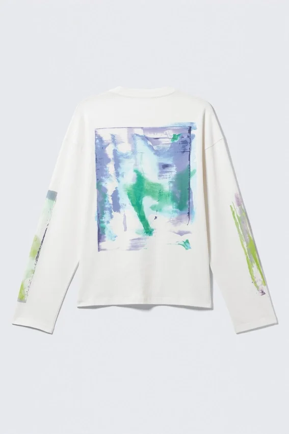 Camiseta de manga larga con estampados gráficos y corte recto – Blanca – Surf Paint Camiseta de manga larga con estampados gráficos y corte recto – Blanca – Surf Paint