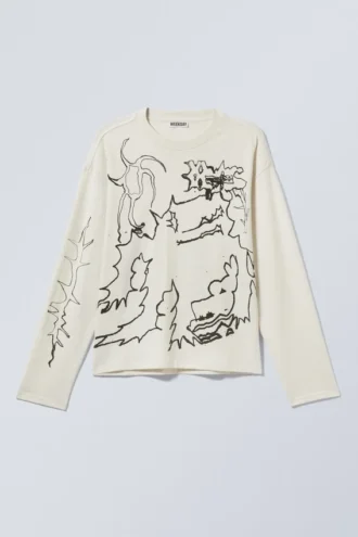 Camiseta de manga larga con estampados gráficos y corte recto – Blanco apagado – Shaky Monster Camiseta de manga larga con estampados gráficos y corte recto – Blanco apagado – Shaky Monster