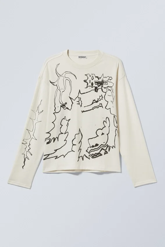 Camiseta de manga larga con estampados gráficos y corte recto – Blanco apagado – Shaky Monster Camiseta de manga larga con estampados gráficos y corte recto – Blanco apagado – Shaky Monster