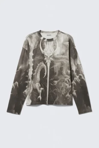 Camiseta de manga larga con estampados gráficos y corte recto – Gris oscuro – Estampado de dragón Camiseta de manga larga con estampados gráficos y corte recto – Gris oscuro – Estampado de dragón