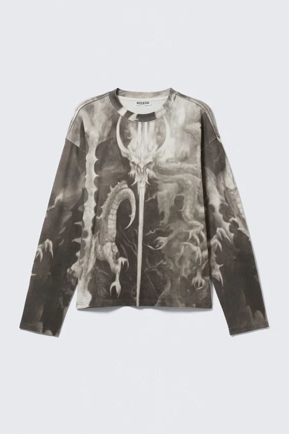 Camiseta de manga larga con estampados gráficos y corte recto – Gris oscuro – Estampado de dragón Camiseta de manga larga con estampados gráficos y corte recto – Gris oscuro – Estampado de dragón