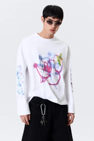 Camiseta de manga larga con estampados y corte holgado – Blanca – Rat Spray Camiseta de manga larga con estampados y corte holgado – Blanca – Rat Spray