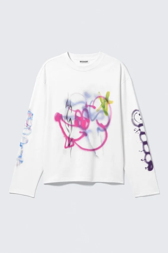 Camiseta de manga larga con estampados y corte holgado – Blanca – Rat Spray Camiseta de manga larga con estampados y corte holgado – Blanca – Rat Spray