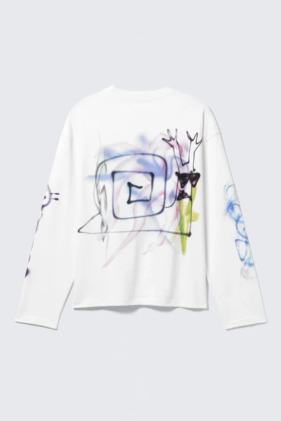 Camiseta de manga larga con estampados y corte holgado – Blanca – Rat Spray Camiseta de manga larga con estampados y corte holgado – Blanca – Rat Spray