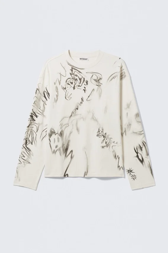 Camiseta de manga larga con estampados y corte holgado – Blanca – Sketch Book Camiseta de manga larga con estampados y corte holgado – Blanca – Sketch Book