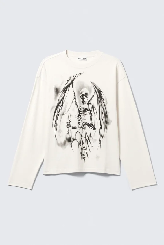 Camiseta de manga larga con estampados y corte holgado – Blanco – Ángel esquelético Camiseta de manga larga con estampados y corte holgado – Blanco – Ángel esquelético