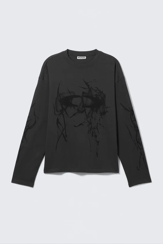 Camiseta de manga larga con estampados y corte holgado – Gris oscuro – Big Mess Camiseta de manga larga con estampados y corte holgado – Gris oscuro – Big Mess