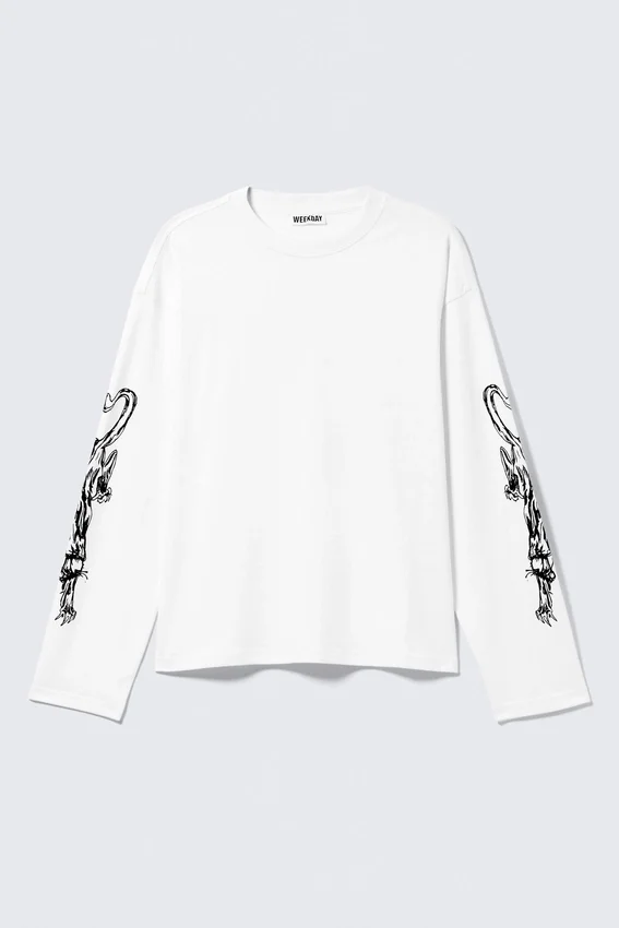 Camiseta de manga larga con estampados y corte recto – Blanca – Angry Panthers Camiseta de manga larga con estampados y corte recto – Blanca – Angry Panthers