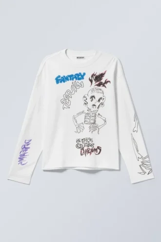 Camiseta de manga larga con estampados y corte recto – Blanca – Skeleton Dreams