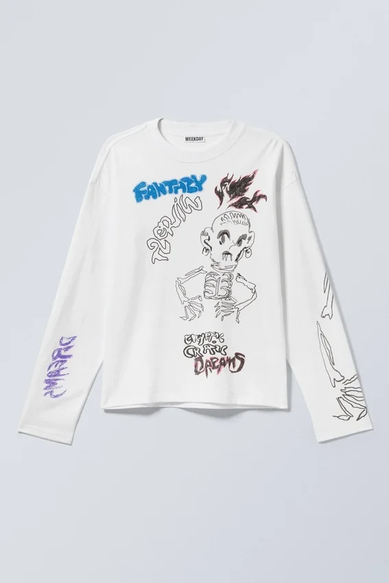 Camiseta de manga larga con estampados y corte recto – Blanca – Skeleton Dreams Camiseta de manga larga con estampados y corte recto – Blanca – Skeleton Dreams