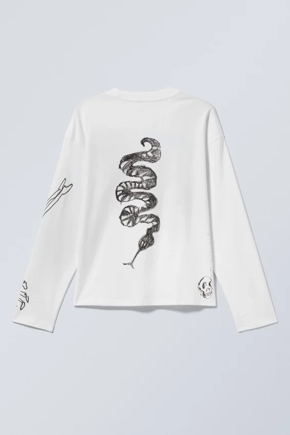 Camiseta de manga larga con estampados y corte recto – Blanca – Skeleton Dreams Camiseta de manga larga con estampados y corte recto – Blanca – Skeleton Dreams