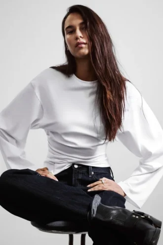 Camiseta de manga larga con fruncidos – Blanco