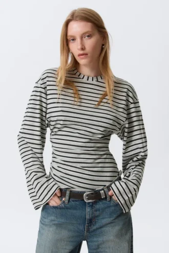 Camiseta de manga larga con fruncidos – Rayas gris jaspeado
