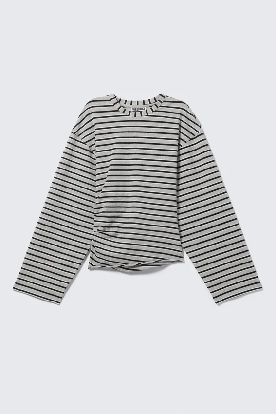 Camiseta de manga larga con fruncidos – Rayas gris jaspeado Camiseta de manga larga con fruncidos – Rayas gris jaspeado