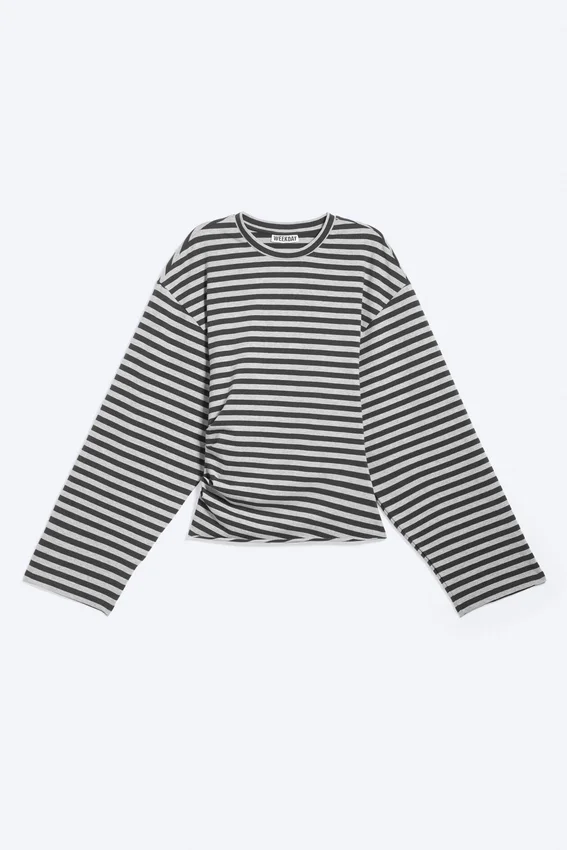 Camiseta de manga larga con fruncidos – Rayas negras y grises Camiseta de manga larga con fruncidos – Rayas negras y grises