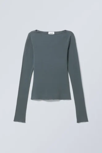 Camiseta de manga larga de algodón con cuello barco – Petróleo