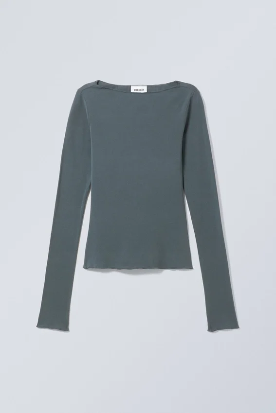 Camiseta de manga larga de algodón con cuello barco – Petróleo Camiseta de manga larga de algodón con cuello barco – Petróleo