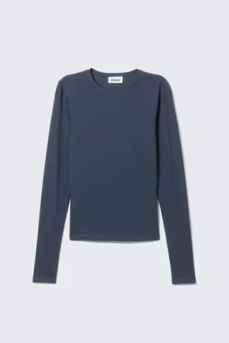 Camiseta de manga larga de corte entallado – Azul oscuro empolvado