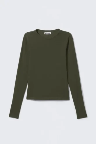 Camiseta de manga larga de corte entallado – Verde caqui oscuro