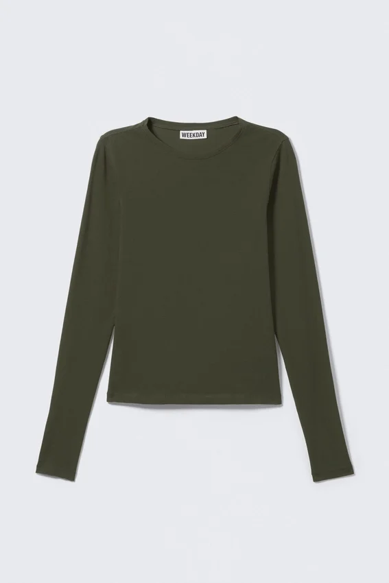 Camiseta de manga larga de corte entallado – Verde caqui oscuro Camiseta de manga larga de corte entallado – Verde caqui oscuro