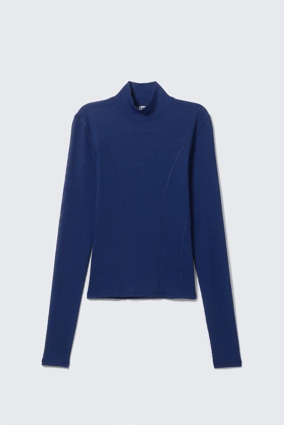 Camiseta de manga larga de malla con cuello alto – Azul brillante Camiseta de manga larga de malla con cuello alto – Azul brillante