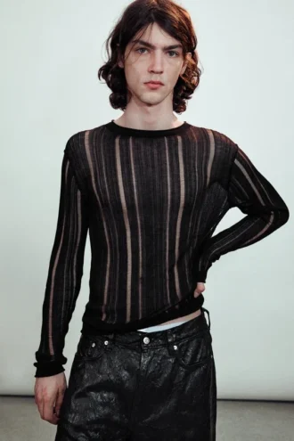 Camiseta de manga larga de punto rasgado ajustada – Negro