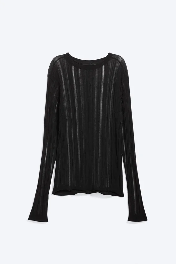 Camiseta de manga larga de punto rasgado ajustada – Negro Camiseta de manga larga de punto rasgado ajustada – Negro