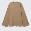 Camiseta de manga larga oversize – Beige oscuro lavado