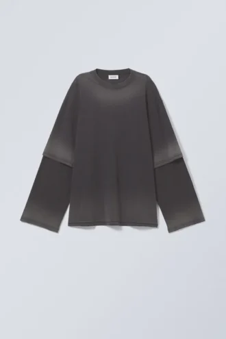 Camiseta de manga larga oversize con doble teñido – Negro degradado