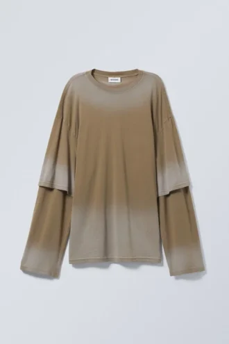 Camiseta de manga larga oversize con doble tintura – Beige oscuro degradado