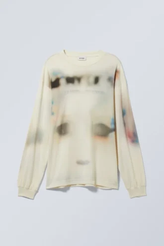 Camiseta de manga larga oversize con estampados – Blanco polvoriento
