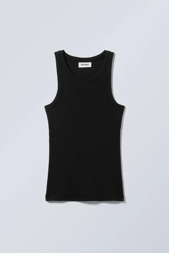 Camiseta de tirantes ajustada de canalé – Negro Camiseta de tirantes ajustada de canalé – Negro