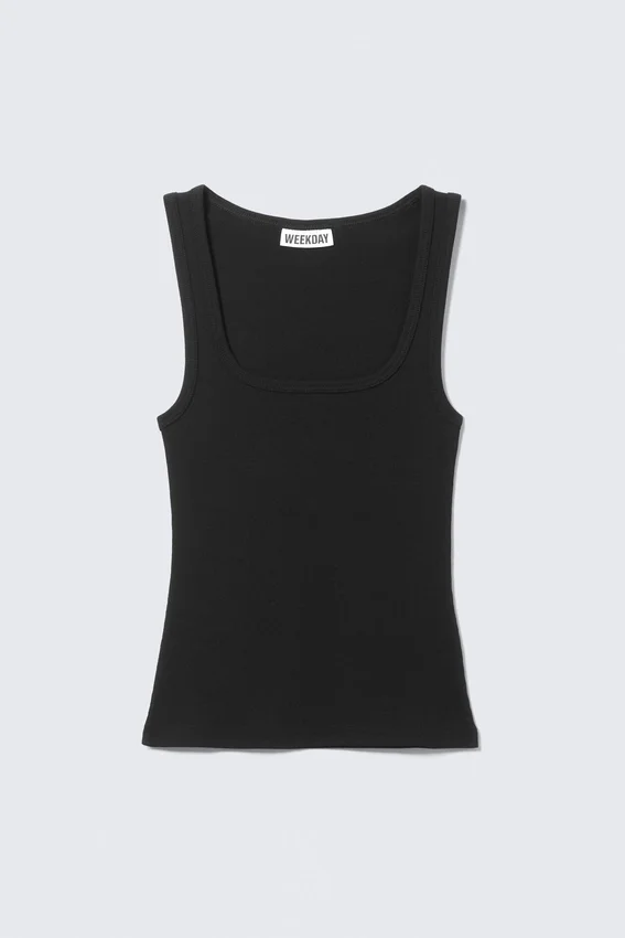 Camiseta de tirantes ajustada de cuello cuadrado acanalado – Negro Camiseta de tirantes ajustada de cuello cuadrado acanalado – Negro