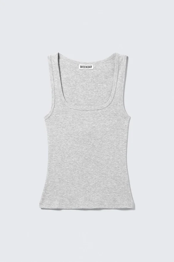 Camiseta de tirantes ajustada de cuello cuadrado y canalé – Gris jaspeado Camiseta de tirantes ajustada de cuello cuadrado y canalé – Gris jaspeado