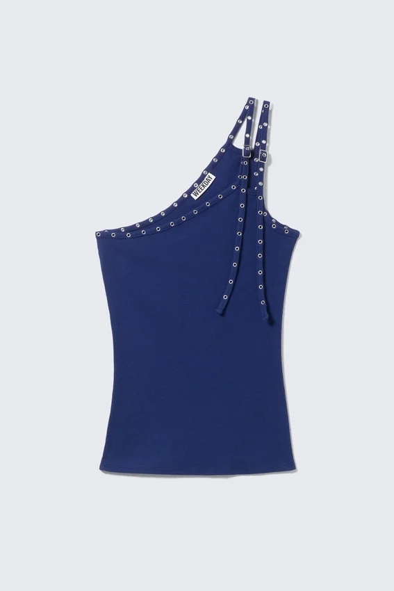 Camiseta de tirantes asimétrica con detalle de ojales – Azul brillante Camiseta de tirantes asimétrica con detalle de ojales – Azul brillante