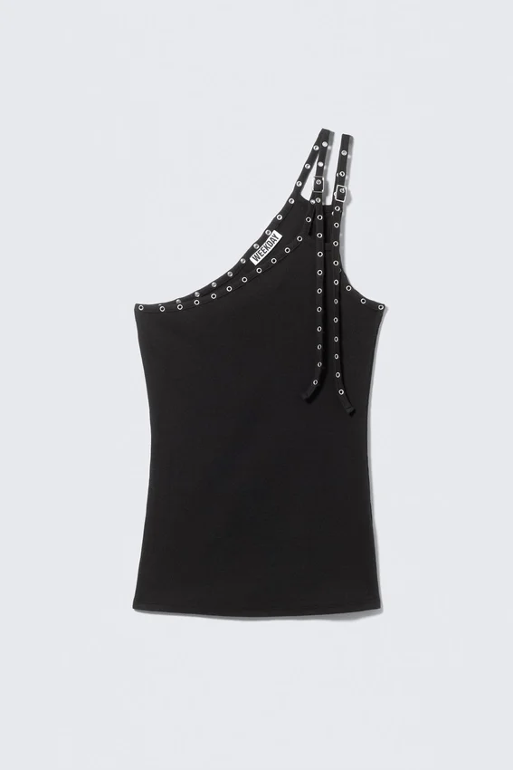 Camiseta de tirantes asimétrica con detalles de ojales – Negro Camiseta de tirantes asimétrica con detalles de ojales – Negro