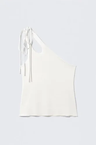 Camiseta de tirantes asimétrica de jersey con lazo – Blanca