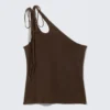 Camiseta de tirantes asimétrica de jersey con lazos – Marrón oscuro Camiseta de tirantes asimétrica de jersey con lazos – Marrón oscuro