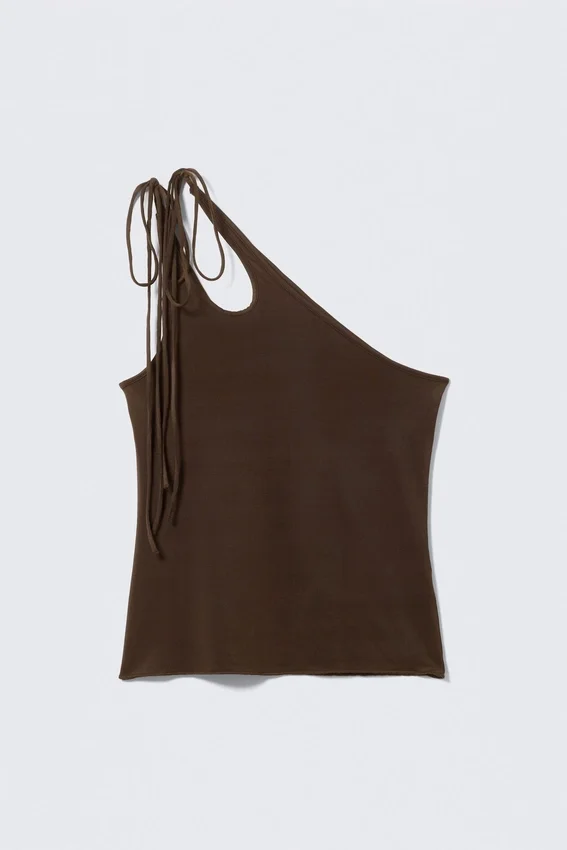 Camiseta de tirantes asimétrica de jersey con lazos – Marrón oscuro Camiseta de tirantes asimétrica de jersey con lazos – Marrón oscuro