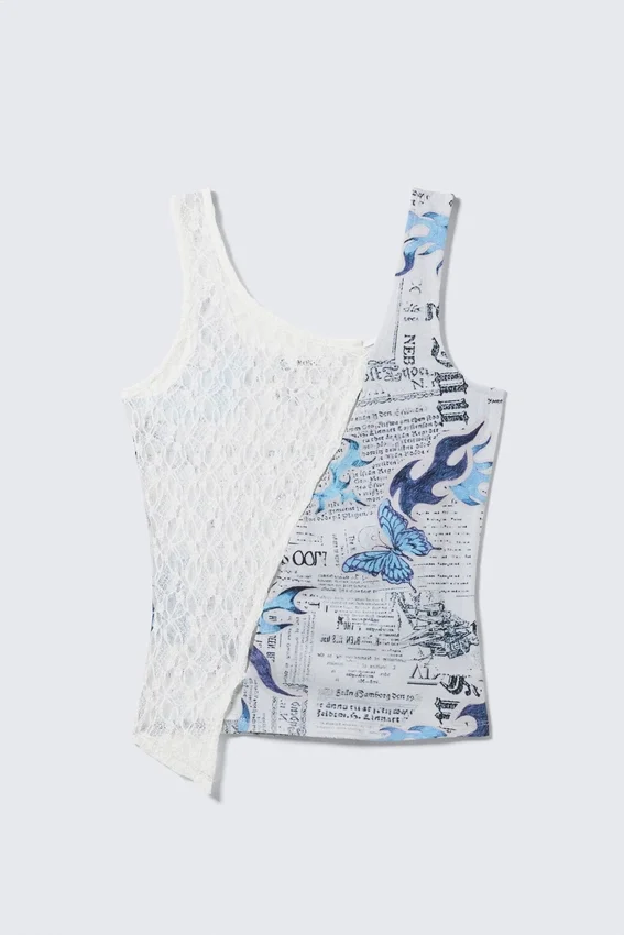 Camiseta de tirantes asimétrica de jersey con patchwork – Encaje blanco/Papel de periódico Camiseta de tirantes asimétrica de jersey con patchwork – Encaje blanco/Papel de periódico