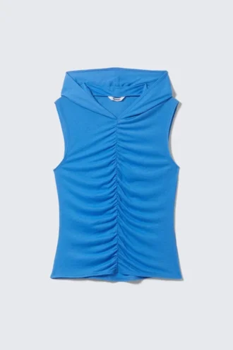 Camiseta de tirantes con capucha fruncida – Azul