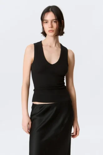 Camiseta de tirantes con cuello en V acanalado – Negro
