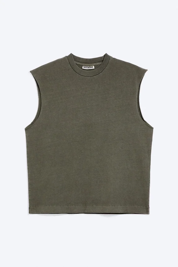 Camiseta de tirantes de algodón de corte holgado y silueta cuadrada – Verde caqui oscuro lavado Camiseta de tirantes de algodón de corte holgado y silueta cuadrada – Verde caqui oscuro lavado