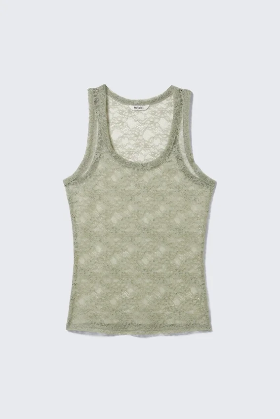Camiseta de tirantes de encaje transparente – Verde caqui Camiseta de tirantes de encaje transparente – Verde caqui