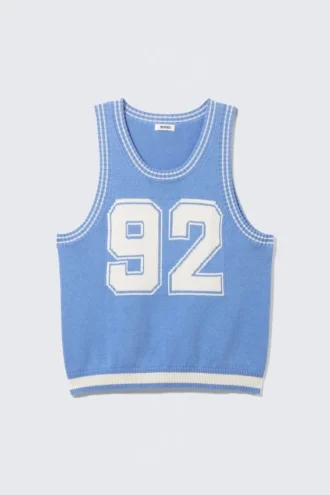 Camiseta de tirantes de punto estilo universitario – Azul claro y blanco – 92