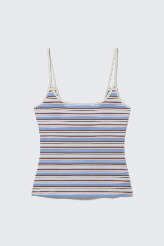 Camiseta de tirantes finos – Rayas multicolores azul/rosa Camiseta de tirantes finos – Rayas multicolores azul/rosa