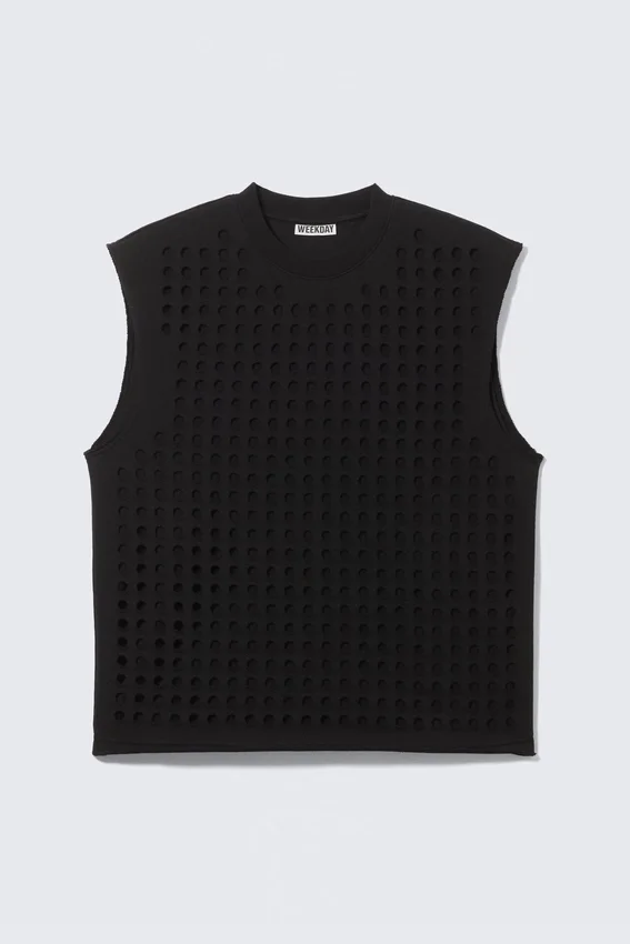 Camiseta de tirantes sin mangas con corte láser de Rael Kade – Negro Camiseta de tirantes sin mangas con corte láser de Rael Kade – Negro
