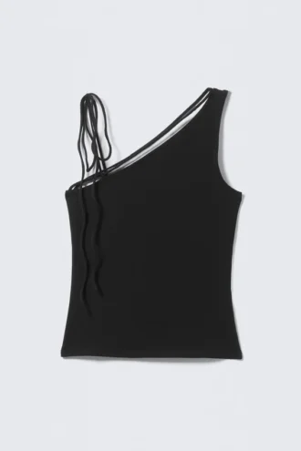 Camiseta de tirantes sin mangas de corte entallado con un solo hombro – Negro
