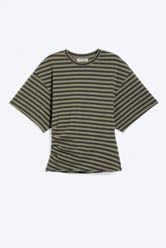 Camiseta entallada con drapeado – Rayas gris oscuro Camiseta entallada con drapeado – Rayas gris oscuro