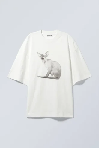 Camiseta estampada oversize ancha – Blanco – Gato Sphynx